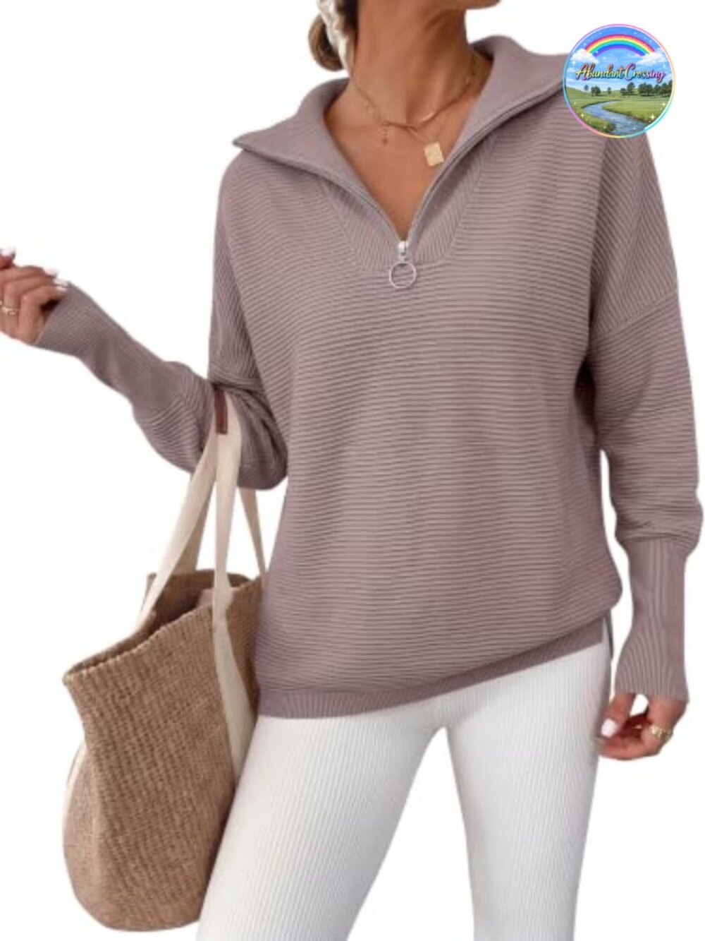 Women's Oversized Quarter Zip Sweater Long Sleeve Knit Pullover 50% Viscose